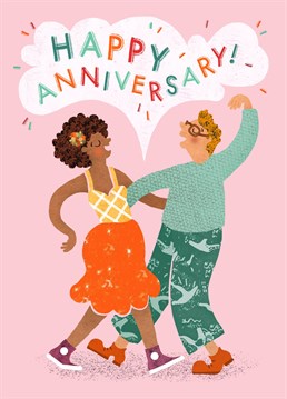 A fun and colourful card with a dancer illustration to celebrate a special anniversary! Illustrated by Emily Nash