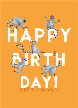 Happy Birthday card with a fun and colourful lemur illustration by Emily Nash!