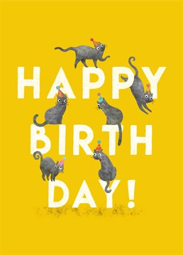 Happy Birthday card with a cute and colourful cat illustration by Emily Nash!