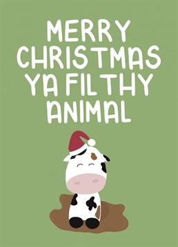 A lovely and funny Christmas card featuring a cute cow