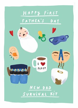 Baby bottle belt? Genius. Send this first Father's Day card to a new dad and give his sleep-deprived self a good laugh. Designed by Scribbler.