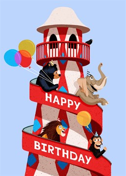 Be transported to the fair as this birthday design brings a smile to everyones face with it's whimsical illustration of happy animals and birthday balloons