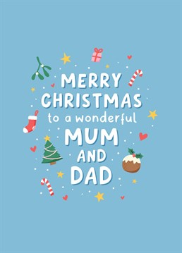 Wish a wonderful Mum and Dad a very Merry Christmas with this pretty yet modern typographic card, with cute mini Christmas illustrations. Designed by Fliss Muir.