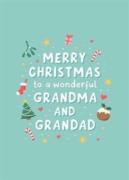 Wish a wonderful Grandma and Grandad a very Merry Christmas with this pretty yet modern typographic card, with cute mini Christmas illustrations. Designed by Fliss Muir.