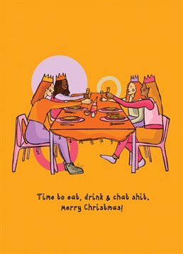 A vibrant illustrated Christmas card of a group of friends chatting shit and having Christmas dinner. The perfect Christmas card for your friends this Christmas.