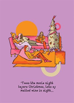 A vibrant purple illustrated Christmas card of a group of friends watching a Christmas movie while drinking mulled wine. The perfect Christmas card for your friend or sister this Christmas.