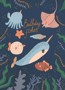 Any child would love this sea life themed birthday card. Let them dive in with the narwhal and his friends, designed by Forever Funny.