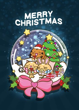 A cute snowglobe featuring the kawaii Fuzzballs as they get ready in front of the tree for Christmas.