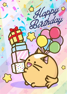 Have a great birthday with a cute cat that has lots of presents. Fuzzballs