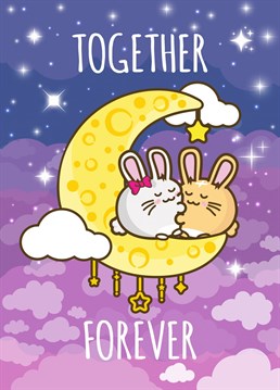 Perfect for that special someone in your life, super cute and adorable bunnies in love on the moon in a night sky. Fuzzballs