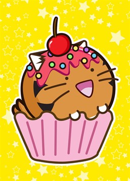 An adorable card from designed Fuzzballs featuring a cat in a cupcake that's perfect for birthdays!