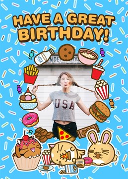 Wish them a birthday filled with pizza, donut, chocolate and ice cream with this adorable photo-upload card by Fuzzballs.