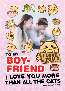 Pretty should that might be the strongest declaration of love I've ever seen! Let you boyfriend know how you feel with this cute photo-upload anniversary card by Fuzzballs.