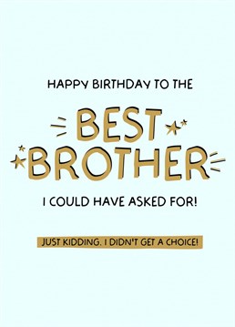 Sibling rivalry at it's finest. Show him your appreciation of his existence with this funny 'Happy Birthday to the Best Brother I could have asked for - just kidding, I didn't get a choice' birthday card!
