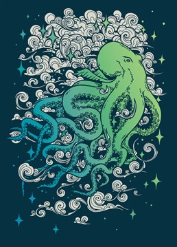 Send someone a flying Octopus! This illustrated beast of a card is designed by Genealityart and suitable for any occasion.