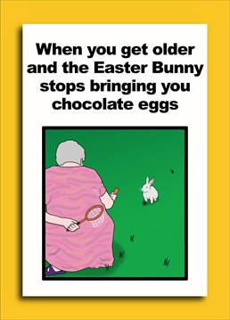 As you get older, you get less chocolate eggs but desperate times call for desperate measures!   [FYI - There was a more murdery version of this where the woman was holding a knife but that was rejected]
