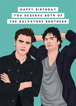 A birthday card for the Vampire Diaries fan in your life! Featuring Damon and Stefan Salvatore, this card is perfect for fans of the show.