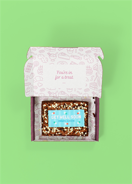 <p>Wish them a speedy recovery with this funny brownie slab designed by Scribbler and brought to you by our partners Simply Cake Co!</p><p>This delicious super gooey sharing-size slab of chocolate brownie topped with real Belgian chocolate is an absolute dream, trust us!</p><p><strong>Please note that this product is fulfilled by our partner Simply Cake Co. and therefore will be sent separately to our other cards and gifts.</strong></p><p><strong>Ingredients:</strong></p><p>Caster sugar, Chocolate (Cocoa mass, Sugar, Cocoa butter, whole MILK powder, emulsifier SOY Lecithin, Natural Vanilla flavouring), White Chocolate (Sugar, Cocoa butter, whole MILK powder, emulsifier SOY Lecithin, Natural Vanilla flavouring), Butter (MILK, salt), free-range EGG, gluten-free flour blend (pea, rice, potato, tapioca, maize, buckwheat), cocoa powder, mixed chocolate sprinkles (sugar, whole MILK powder, cocoa butter, cocoa mass, skimmed MILK powder, emulsifier SOYA lecithin, flavour, vanillin), xanthan gum, wafer paper (Potato Starch, Water, Olive Oil, maltodextrin) icing (Water, starch (maize), dried glucose syrup, humectant: glycerine, sweetner: sorbitol, colour: titanium dioxide, vegetable oil (rapeseed), thickener: cellulose, emulsifier: polysorbate 80 flavouring, vanillin, sucralose), colourings ( water, humectant, E1520, E422, food colouring ( e120, e122, acidity regulator e330, e151, e110, e102).<br /><br /><br />For allergens please see above. Made in a bakery that handles MILK, EGGS, SOYA, NUTS &amp; PEANUTS therefore may contain traces.&nbsp;<br />Not suitable for vegetarians.</p>