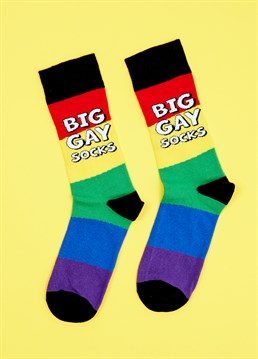 Big gay socks for your big gay friend! Or a nice, soft, colourful treat for you own big, gay feet. Unisex, adult size 6-11