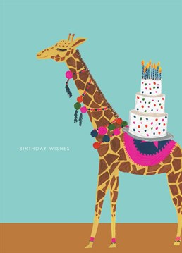 Adorned with a delicious cake , let this joyful giraffe deliver your birthday wishes to your wild ones. This joyous card is a great way to say "Happy Birthday"  Designed and Illustrated by Hutch Cassidy