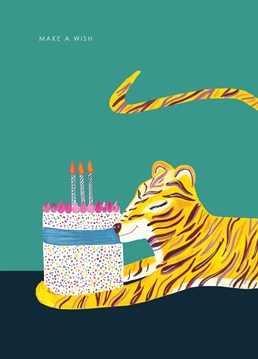 Adorned with a delicious cake , let this joyful tiger make all birthday wishes for your wild ones come true.     This joyous card is a great way to say Happy Birthday    Designed and Illustrated by Hutch Cassidy