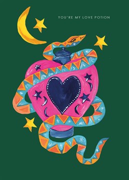 Featuring the words "You're My Love Potion" What better way to send a little love with this illustrated snake entangled in love potion.     A cheerful card which is sure to make the recipients smile.    Designed and Illustrated by Hutch Cassidy