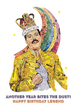 FreDRDie Mercury with vibrant colours, wearing crown with rainbow in the background Birthday Card.