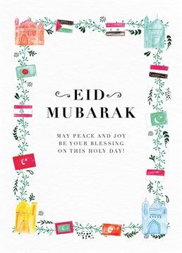 Celebrate Eid with this illustrated card that features a heartfelt message, The text reads, "Eid Mubarak, may peace and joy be your blessing on this holy day."