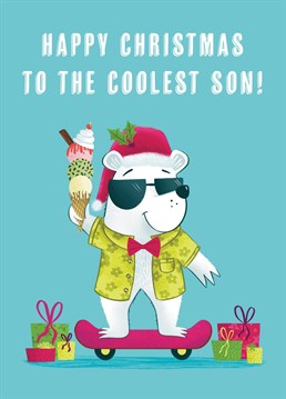 Wish your son a very Happy Christmas and let him know just how cool he is with this funky Polar Bear Christmas card. The design features a polar bear sporting shades, a tropical shirt and holding a giant ice cream while riding on a skateboard. What a Cool Dude!