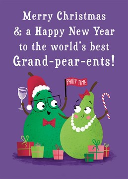Wish a very Merry Christmas and a Happy New Year to your grand-pear-ents. The design features a grandma and grandad pear smiling and they are surrounded by Christmas presents.
