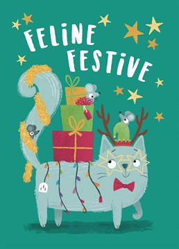 Wish friends and family a very Happy Christmas with the sweet cat Christmas card. This design features a cat wearing some fun festive accessories, with a stack of presents on their back. Can you spot the little mice peeping out too?