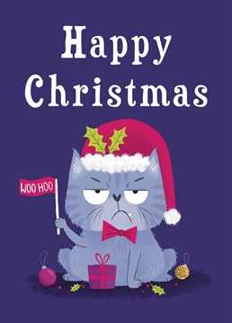 Wish friends and family a very Happy Christmas with this humorous grumpy cat card. This design features a rather unimpressed grumpy moggie trying to get into the Christmas spirit! This funny design will be sure to bring a smile to the recipients face.