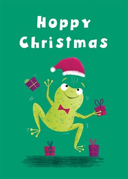 Wish friends and family a very Hoppy Christmas with this cute frog card. This design features a happy leaping frog wearing a santa hat and surrounded presents. Wish them the hoppiest of Christmas's with this fun card.