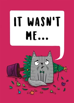 Make friends and family laugh with this funny cat Christmas card. This design features a worried looking cat surrounded by the devastation they've caused. Purr-fect cars for cat lovers in your life.