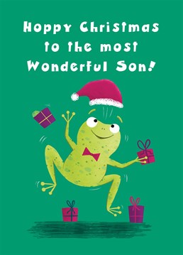 Wish your son a very Hoppy Christmas with this cute frog card. This design features a happy leaping frog wearing a santa hat and surrounded presents. Wish your Son the hoppiest of Christmas's with this fun card.