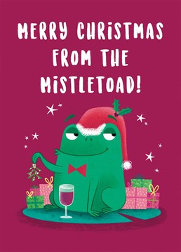 Wish friends and family a Merry Christmas and Happy New Year with this cute mistle-toad card. This design features a smug looking toad pouting his lips, while surrounded by Christmas presents.