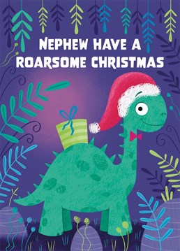 Wish your nephew the a very happy christmas with this sweet dinosaur christmas card. This design features a smiling dinosaur wearing a santa hat and with a present on their back.