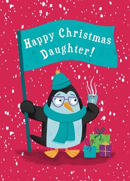 Wish your daughter a very Happy Christmas with this cute penguin card. This design features a sweet penguin wrapped up in their hat and scarf and holding a delicious cup of hot chocolate.
