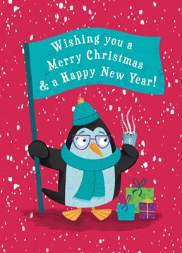 Wish friends and family a very Happy Christmas with this cute penguin card. This design features a sweet penguin wrapped up in their hat and scarf and holding a delicious cup of hot chocolate.