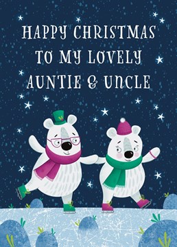 Wish your Auntie and Uncle a very Happy Christmas with this cute ice skating polar bears card. This design features two bears skating against a starry night. A sweet design to wish them a wonderful Christmas.