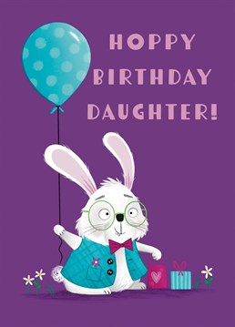 Wish your daughter a Hoppy Birthday with this fun bunny rabbit illustrated card.