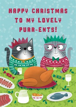 Wish your parents a Happy Christmas with this sweet festive feline design. This card features a Mum and Dad cat wearing christmas jumpers and about to tuck into their roast turkey.