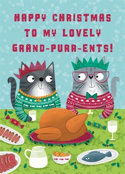 Wish your Grandparents a Happy Christmas with this sweet festive feline design. This card features a Grandma and Grandpa cat wearing christmas jumpers and about to tuck into their roast turkey.
