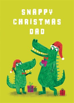 Wish your Dad the snappiest of Christmas's with this cute crocodile Christmas card. This card features a crocodile and their dad wearing santa hats and smiling while surrounded by Christmas gifts.