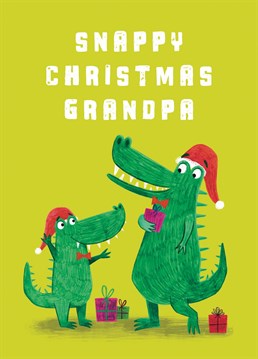 Wish your Grandpa the snappiest of Christmas's with this cute crocodile Christmas card. This card features a crocodile and their Grandpa wearing santa hats and smiling while surrounded by gifts.