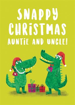 Wish your Auntie and Uncle the snappiest of Christmas's with this cute crocodile card. This design features two crocodiles smiling and surrounded by presents.