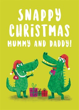 Wish your Mummy and Daddy the snappiest of Christmas's with this cute crocodile card. This design features two crocodiles smiling and surrounded by presents.
