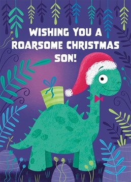 Wish your Son a very Happy Christmas with this sweet dinosaur Christmas Card. This design features a smiling dinosaur wearing a Santa hat and with a present on their back.
