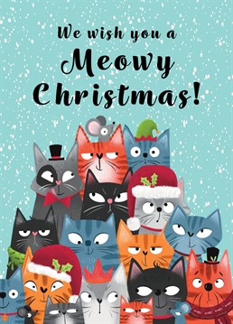 Wish a special someone a very Meowy Christmas with this cute cat Christmas Card. This design features a cluster of cats in festive attire, which makes it the purrr-fect card to wish cat lovers the most wonderful Christmas.