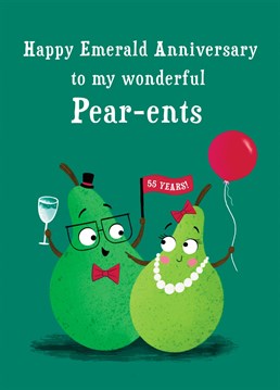 Congratulate your Pear-ents on their Emerald Anniversary with this funny pears card. This design features a dad and mum pear looking into each others eyes and smiling.